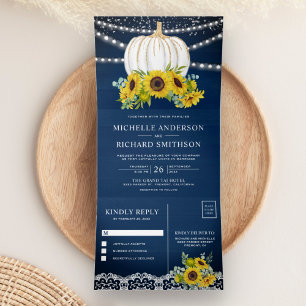 Invitation Trois Volets Mariage citrouille blanche tournesols bois bleu ma