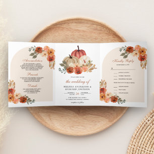 Invitation Trois Volets Mariage Citrouille Floral Orange Brûlé Terne
