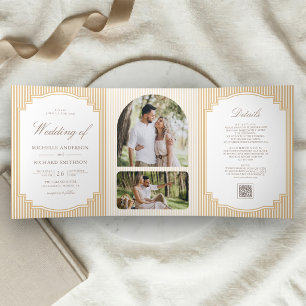 Invitation Trois Volets Mariage classique avec code QR photo rayé beige