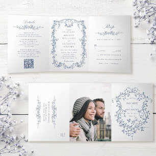 Invitation Trois Volets Mariage classique de couleur bleue victorienne