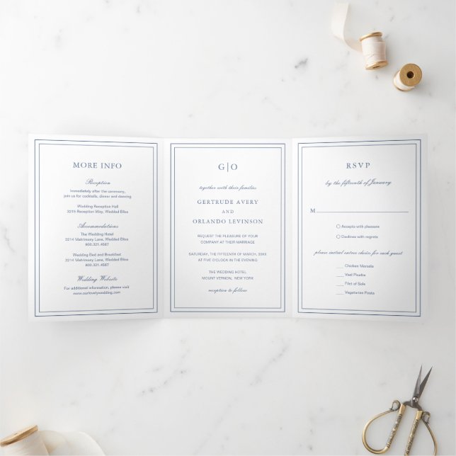 Invitation Trois Volets Mariage classique Dusty Blue élégant (Intérieur)