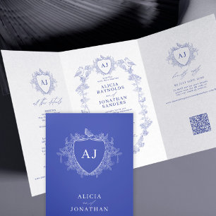 Invitation Trois Volets Mariage classique royal bleu code QR floral frança