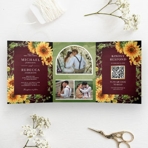 Invitation Trois Volets Mariage Code QR Arch Photo Tournesol Bois Bourgogn
