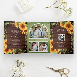 Invitation Trois Volets Mariage Code QR Arch Photo Tournesols Bois Rustiqu