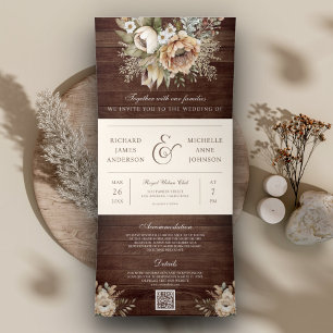 Invitation Trois Volets Mariage Code QR Bois Crème Floral Neutre et Terne