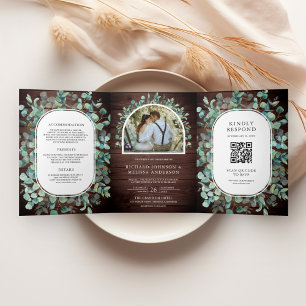 Invitation Trois Volets Mariage Code QR Bois de Grange Eucalyptus Rustique