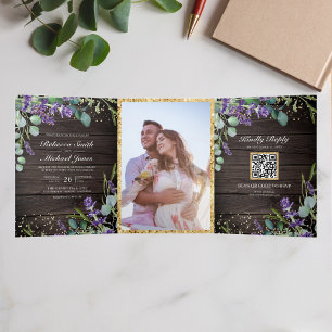 Invitation Trois Volets Mariage Code QR Bois Rustique Lavande Eucalyptus