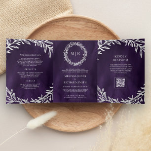 Invitation Trois Volets Mariage Code QR Branche Feuille Argent Violet Fonc