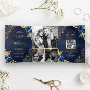 Invitation Trois Volets Mariage Code QR Broderie Dorée Fleurie Bleu Marine