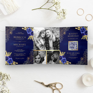 Invitation Trois Volets Mariage Code QR Broderie Dorée Fleurie Bleu Royal