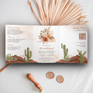 Invitation Trois Volets Mariage Code QR Cactus Désert Floral Terracotta
