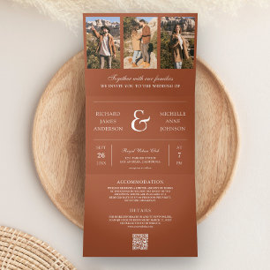 Invitation Trois Volets Mariage code QR Collage Photo en Terracotta