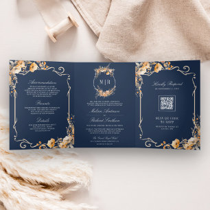 Invitation Trois Volets Mariage Code QR Crête de Fleur Sauvage d'Automne B