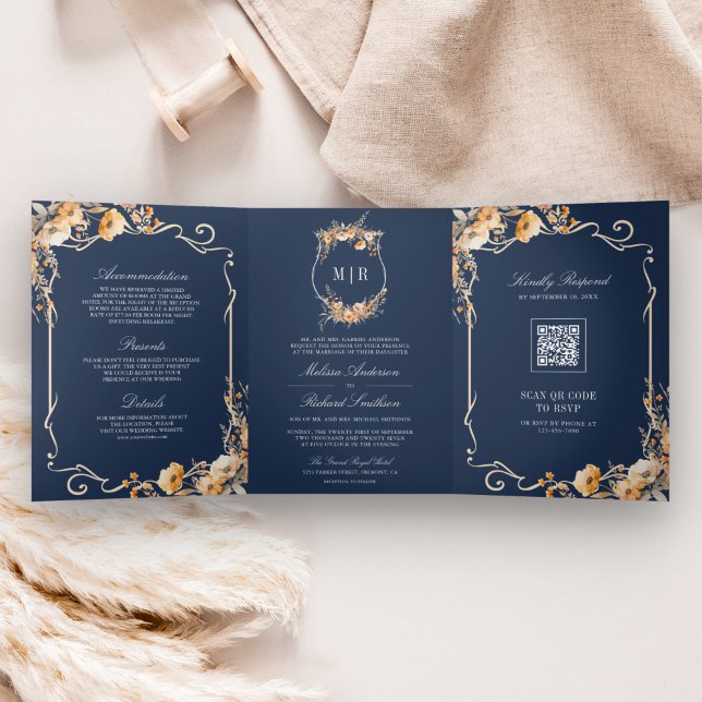 Invitation Trois Volets Mariage Code QR Crête de Fleur Sauvage d'Automne B (Créateur téléchargé)