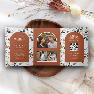 Invitation Trois Volets Mariage Code QR d'Arche en Terrazzo Moderne Terrac