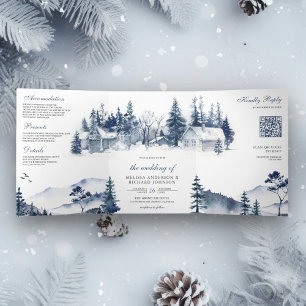 Invitation Trois Volets Mariage Code QR de la forêt de pins de montagne hi