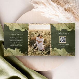 Invitation Trois Volets Mariage Code QR Encre Abstraite Vert Sage Doré