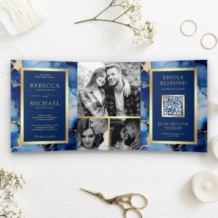 Invitation Trois Volets Mariage Code QR Encre Liquide Or Bleu Royal