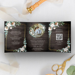Invitation Trois Volets Mariage Code QR Eucalyptus Coton Or Bois Rustique