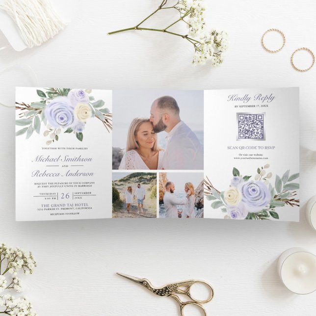 Invitation Trois Volets Mariage Code QR Fleur Floral Violet Poussiéreux Co (Créateur téléchargé)