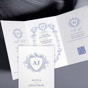 Invitation Trois Volets Mariage code QR floral bleu classique français