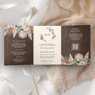 Invitation Trois Volets Mariage Code QR Floral Boho Pampas Bois Terre