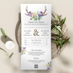 Invitation Trois Volets Mariage Code QR Floral Fleur de Boho Cerf