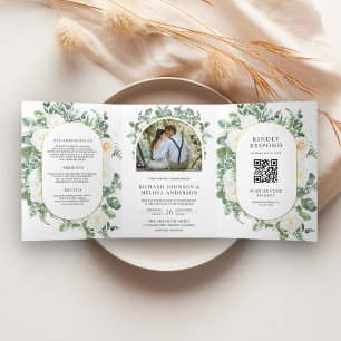 Invitation Trois Volets Mariage Code QR Floral Ivoire de la Végétation Rus