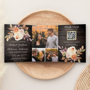 Invitation Trois Volets Mariage Code QR Floral Ivoire Rustique Bois Terreu
