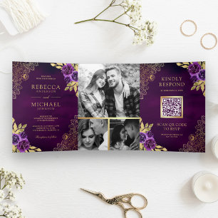 Invitation Trois Volets Mariage Code QR Floral Or Broderie Royale Pourpre