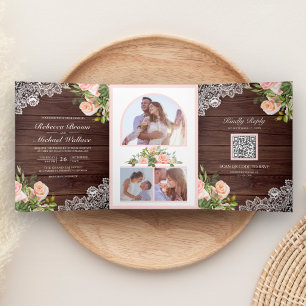 Invitation Trois Volets Mariage Code QR Floral Rose Pâle Dentelle Bois Rus