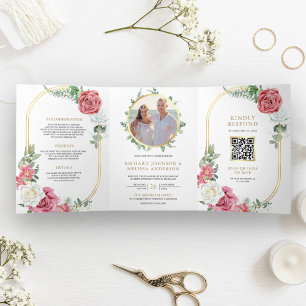 Invitation Trois Volets Mariage Code QR Floral Roses Fines Bohème Rustique