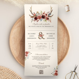 Invitation Trois Volets Mariage Code QR Floral Terracotta Bois de Cerf Boh