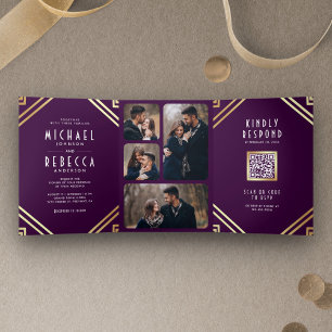 Invitation Trois Volets Mariage Code QR Géométrique Art Déco Violet Or