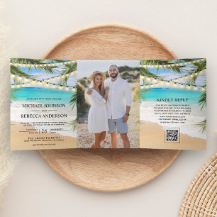Invitation Trois Volets Mariage Code QR Lumières de Guirlande de Palmiers