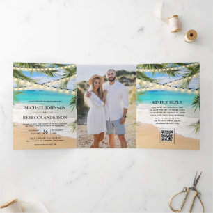 Invitation Trois Volets Mariage Code QR Lumières de Guirlande de Palmiers