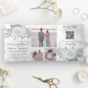 Invitation Trois Volets Mariage Code QR Marbre Blanc Floral Bleu Poussiére