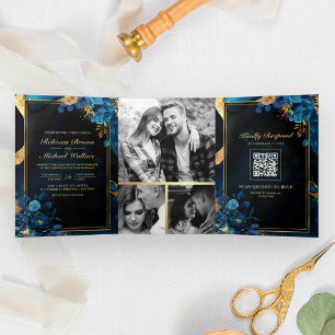 Invitation Trois Volets Mariage Code QR Marbre Floral Bleu Royal Or