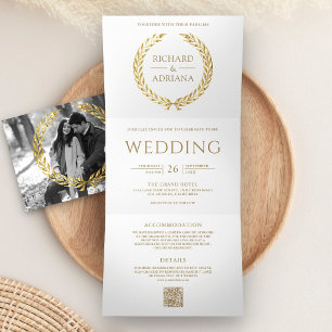 Invitation Trois Volets Mariage Code QR Minimal Laurier Or Blanc