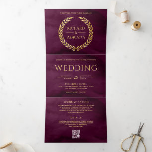 Invitation Trois Volets Mariage Code QR Minimal Laurier Or Plum