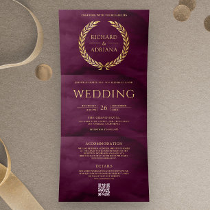 Invitation Trois Volets Mariage Code QR Minimal Laurier Or Plum