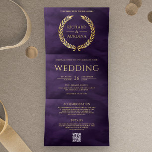 Invitation Trois Volets Mariage Code QR Minimal Laurier Or Violet Foncé