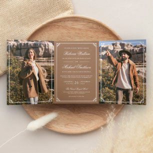 Invitation Trois Volets Mariage Code QR Minimaliste Photo Beige Marron Bla