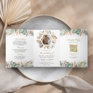 Invitation Trois Volets Mariage code QR Monstera Boho Pampas Tout en Un