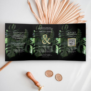 Invitation Trois Volets Mariage Code QR Monstera Palm Or Tropical