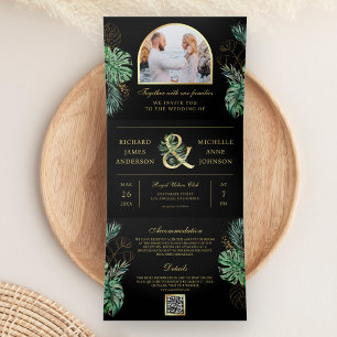 Invitation Trois Volets Mariage Code QR Monstera Palm Or Tropical