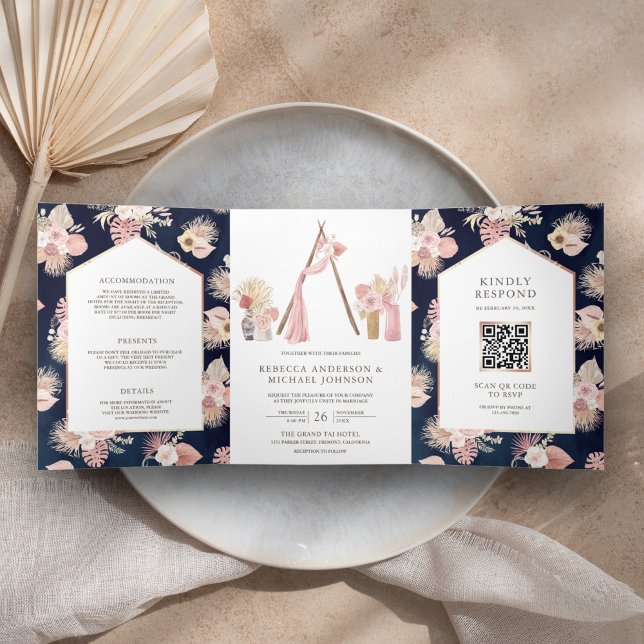 Invitation Trois Volets Mariage Code QR Navy Arbor Floral Boho Rose Poussi (Créateur téléchargé)