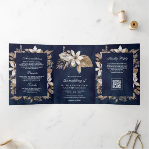 Invitation Trois Volets Mariage Code QR Navy Feuilles de Palmier Séchées T