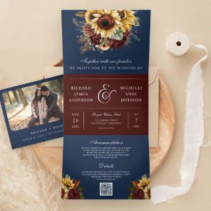 Invitation Trois Volets Mariage Code QR Navy Tournesol Roses Bourgogne Boh