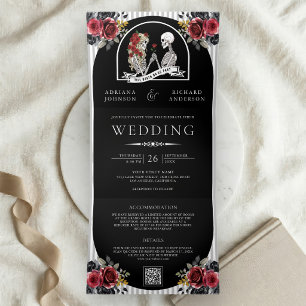 Invitation Trois Volets Mariage Code QR Noir Roses Couple de Squelettes Go